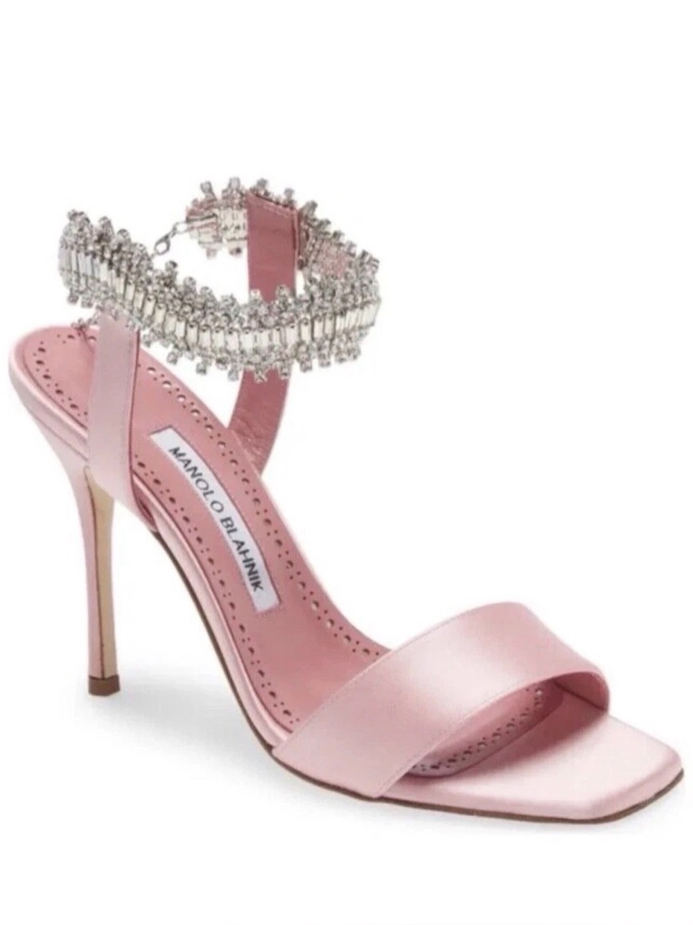 Manolo Blahnik Parinasan Pink Satin Crystal Embellished Ankle-Strap  Sandals 37